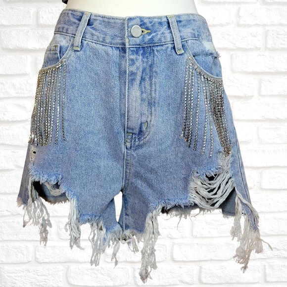 High Rise Jean Shorts Rhinestone Pockets Rough Edge Cut Off Distressed Shorts M - Picture 7 of 15